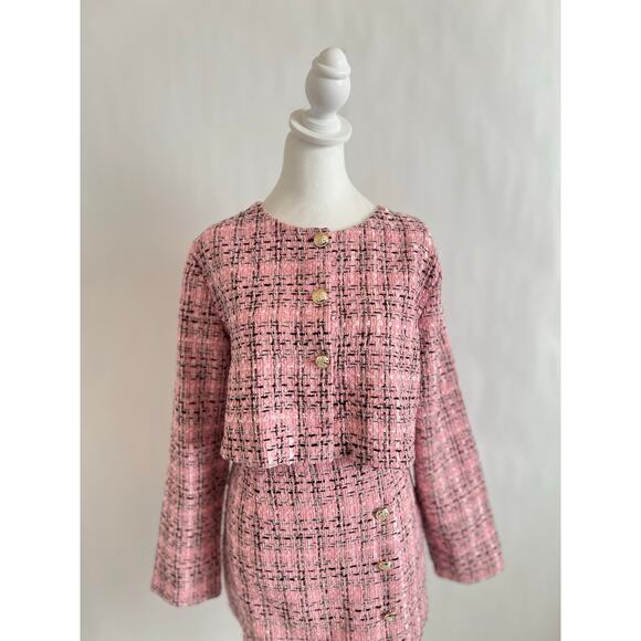 TWEED MINI SKIRT AND JACKET BLAZER SET WOMENS PINK BLACK GOLD BUTTON 2 PIECE SET - Picture 4 of 15